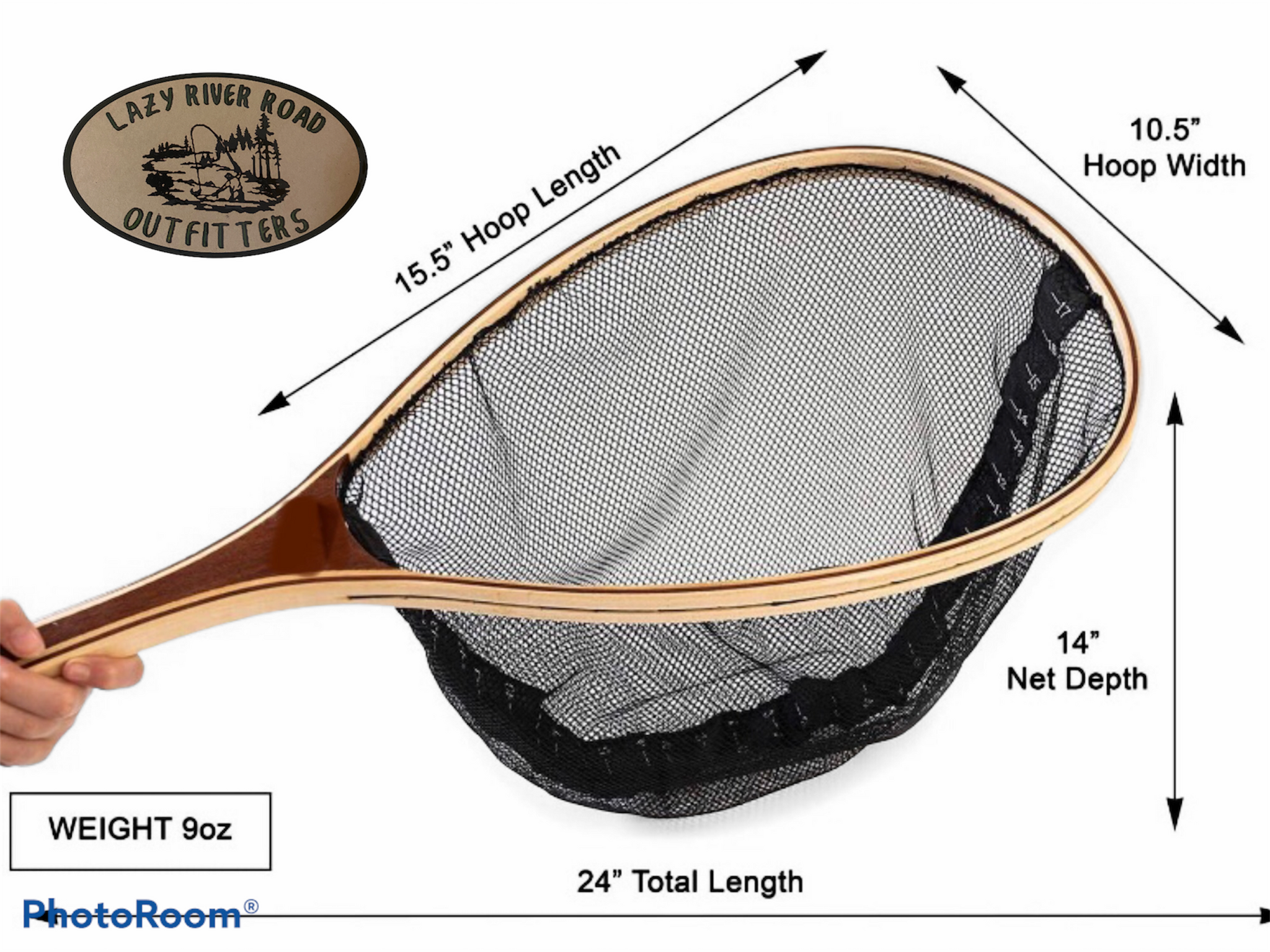 Net wooden handle landing net w/measurements